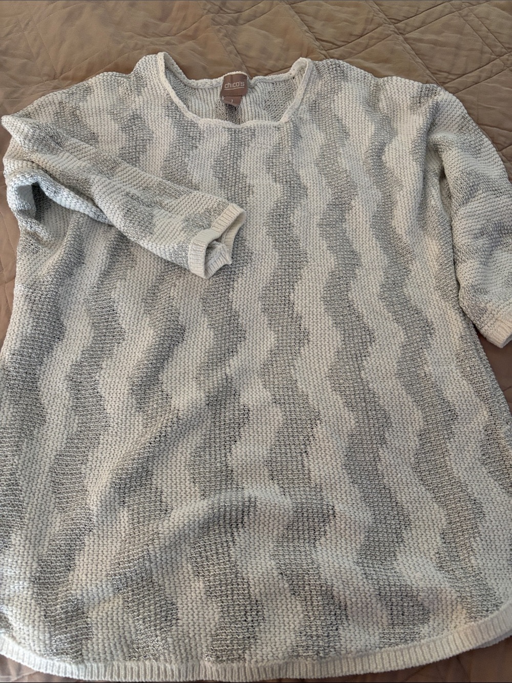 Chico's white and silver Wave Knit Scoop Neck Sweater